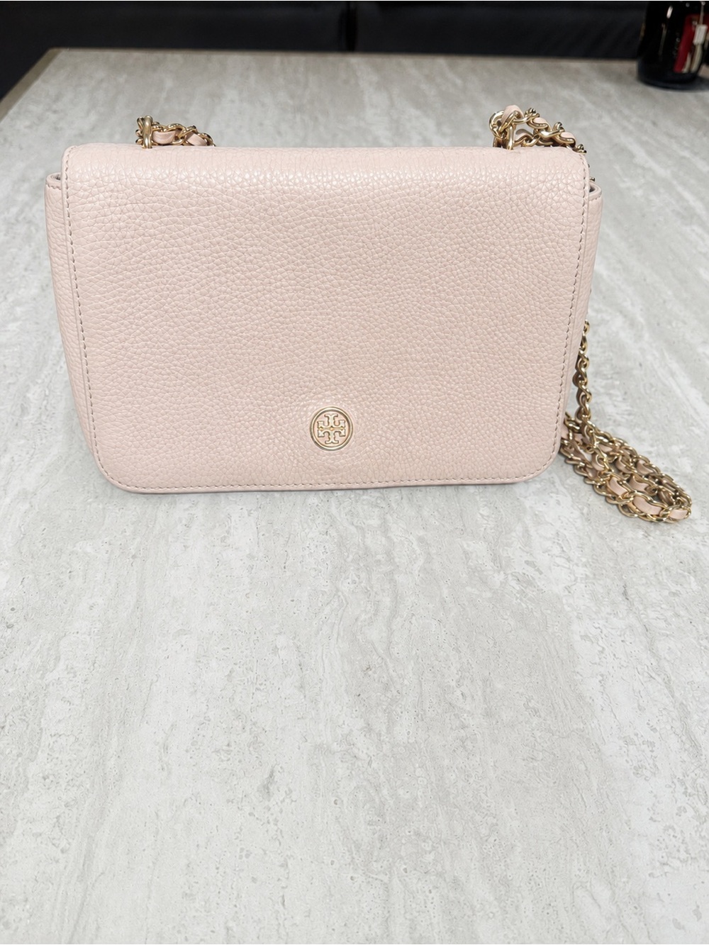 Tory Burch Light Pink Pebbled Leather Chain Wallet Crossbody Bag